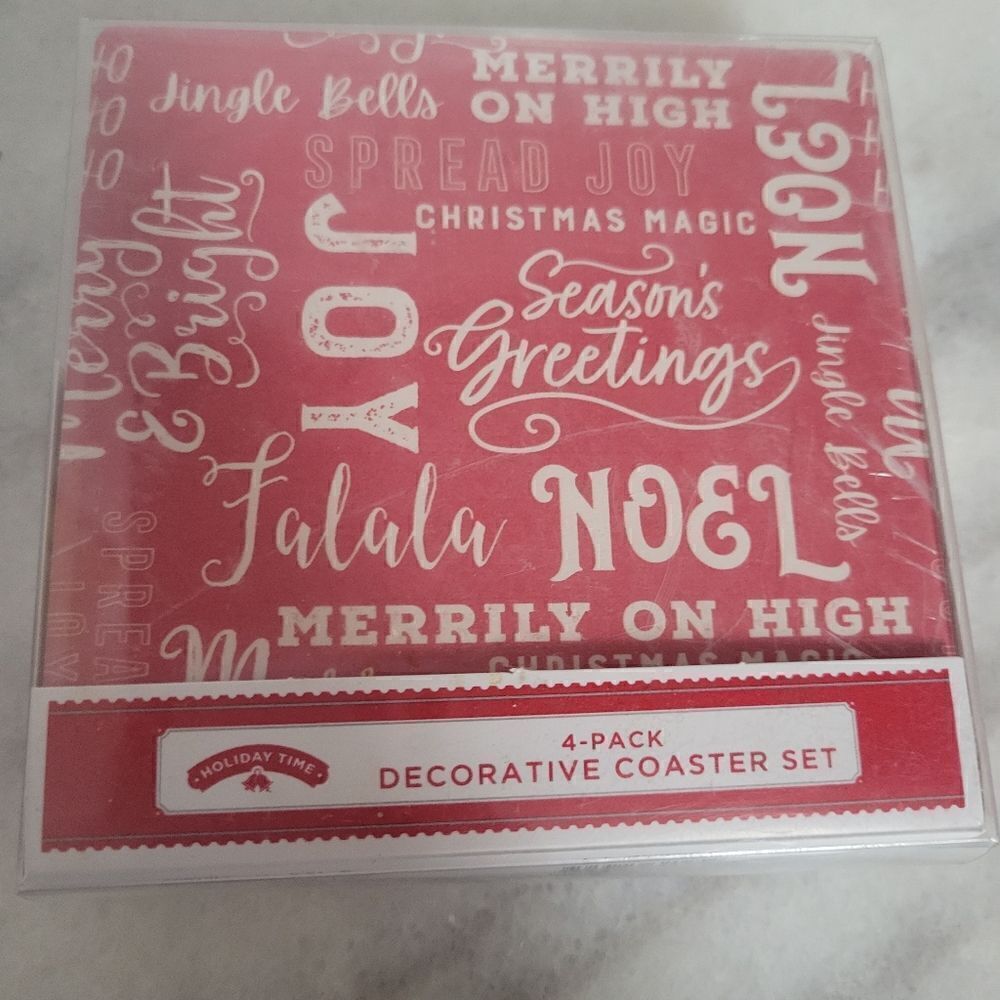 Holiday Time 4 Pack Decorative Christmas Square Ceramic Crock Coaster Set NEW